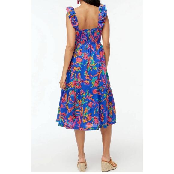 J Crew Women Dress Square Neck Midi Blue Cotton Preppy Floral Boho Size 6 2224 - Picture 2 of 13